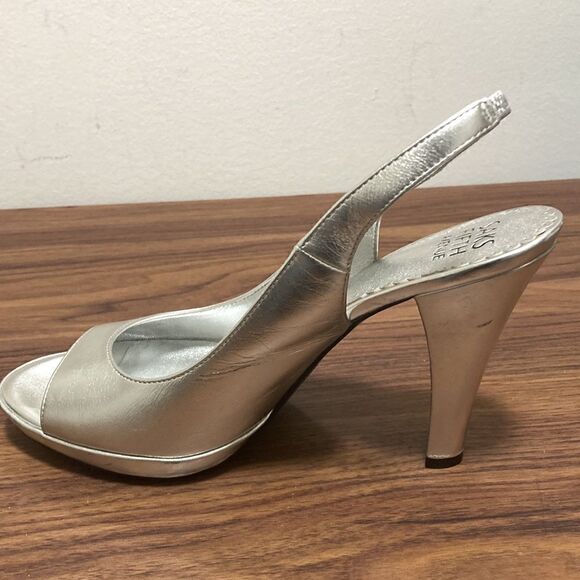 Saks Fifth Avenue Metallic Silver Slingback Platform Sandal with Peep Toe Size 7 - Picture 4 of 10